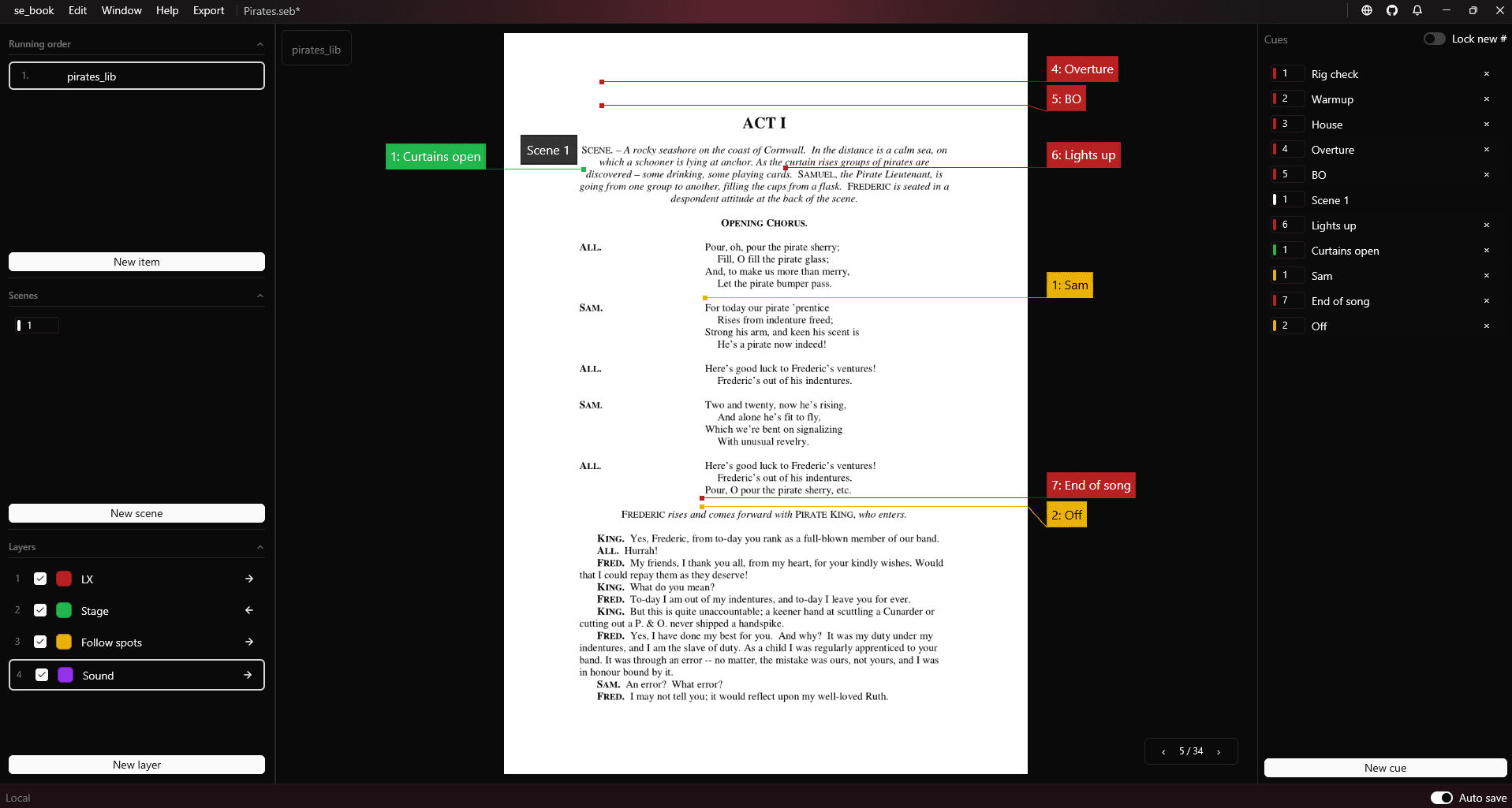 Book application screenshot showing script pages and cue markers