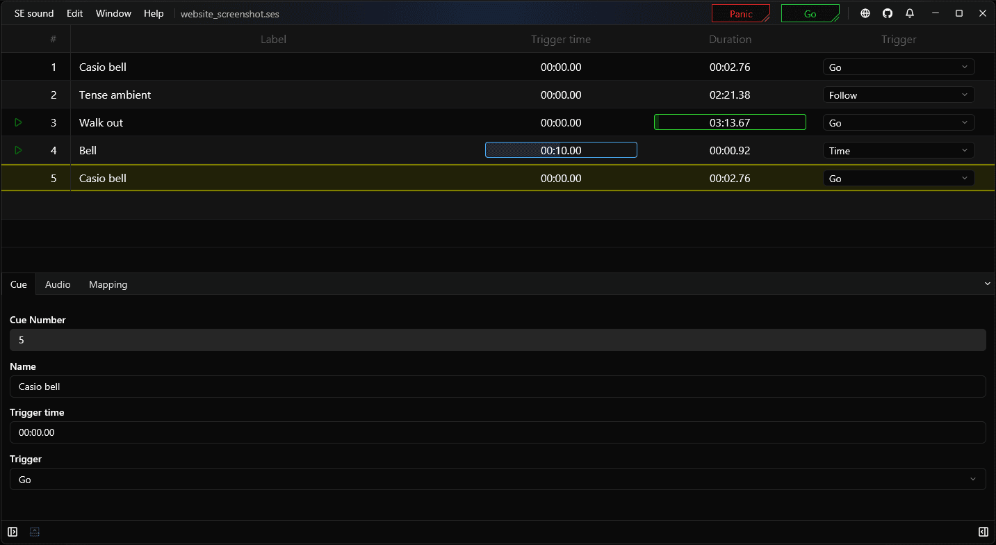 Stack application screenshot showing cue rows and timing fields